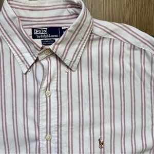 Polo Ralph Lauren Mens Yarmouth Dress Shirt Red Stripe 16.5 Cotton Short‎ Sleeve